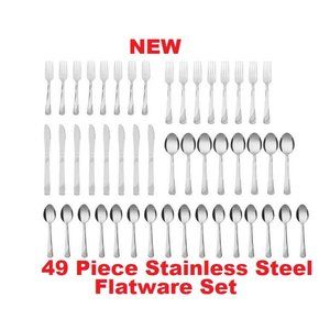 NEW 49 Piece stainless steel Flatware set with Tray spoons forks knives - SERVIC